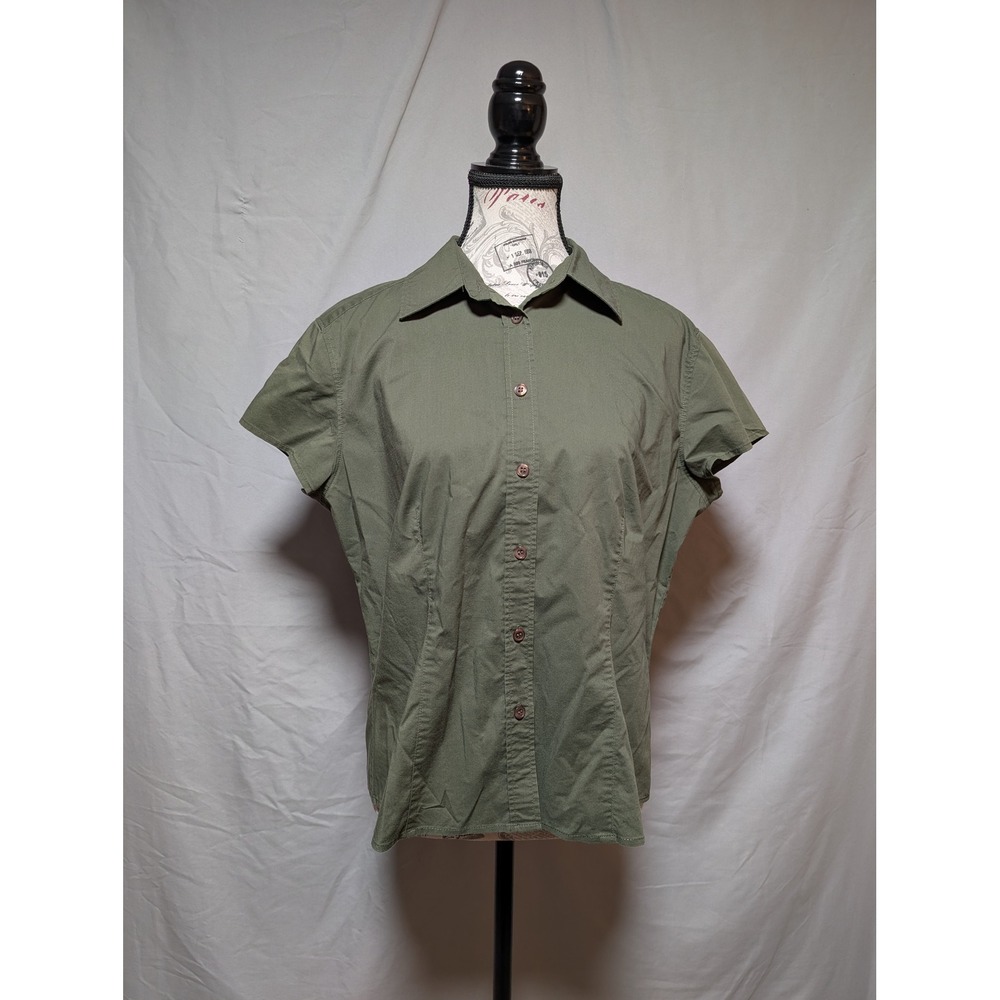 New York & Company Women's Olive Green Button Short Sleeve Collared Blouse Large